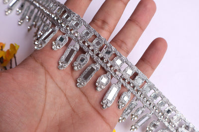 Silver Symmetric Mirror Trim, Suspended Cutwork Zircon Lace - 3 Yards Long