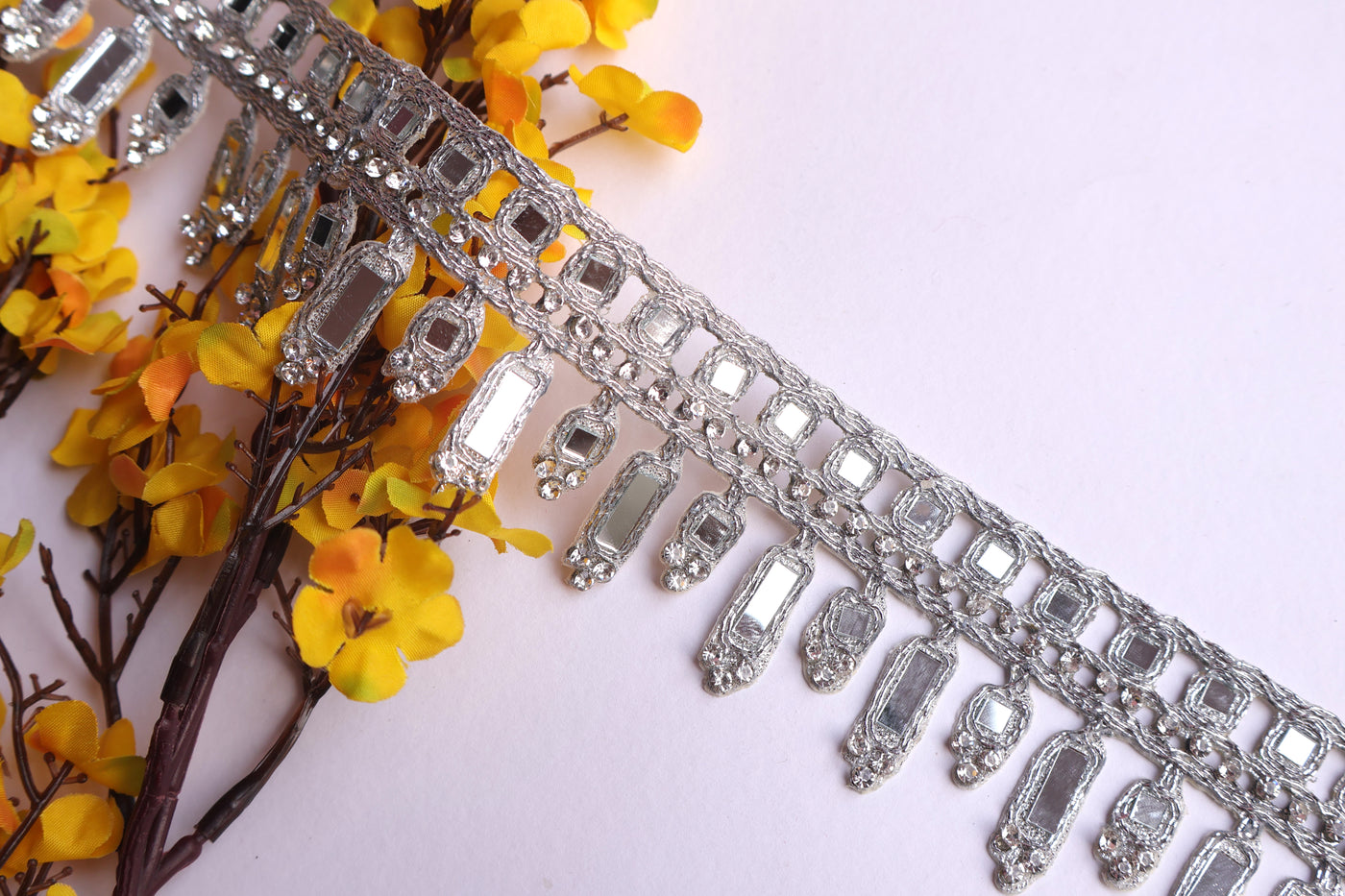 Silver Symmetric Mirror Trim, Suspended Cutwork Zircon Lace - 3 Yards Long