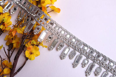 Silver Symmetric Mirror Trim, Suspended Cutwork Zircon Lace - 3 Yards Long