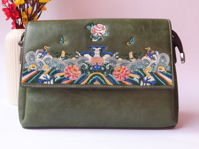 Olive Green Leather Bag with Threadwork Embroidery