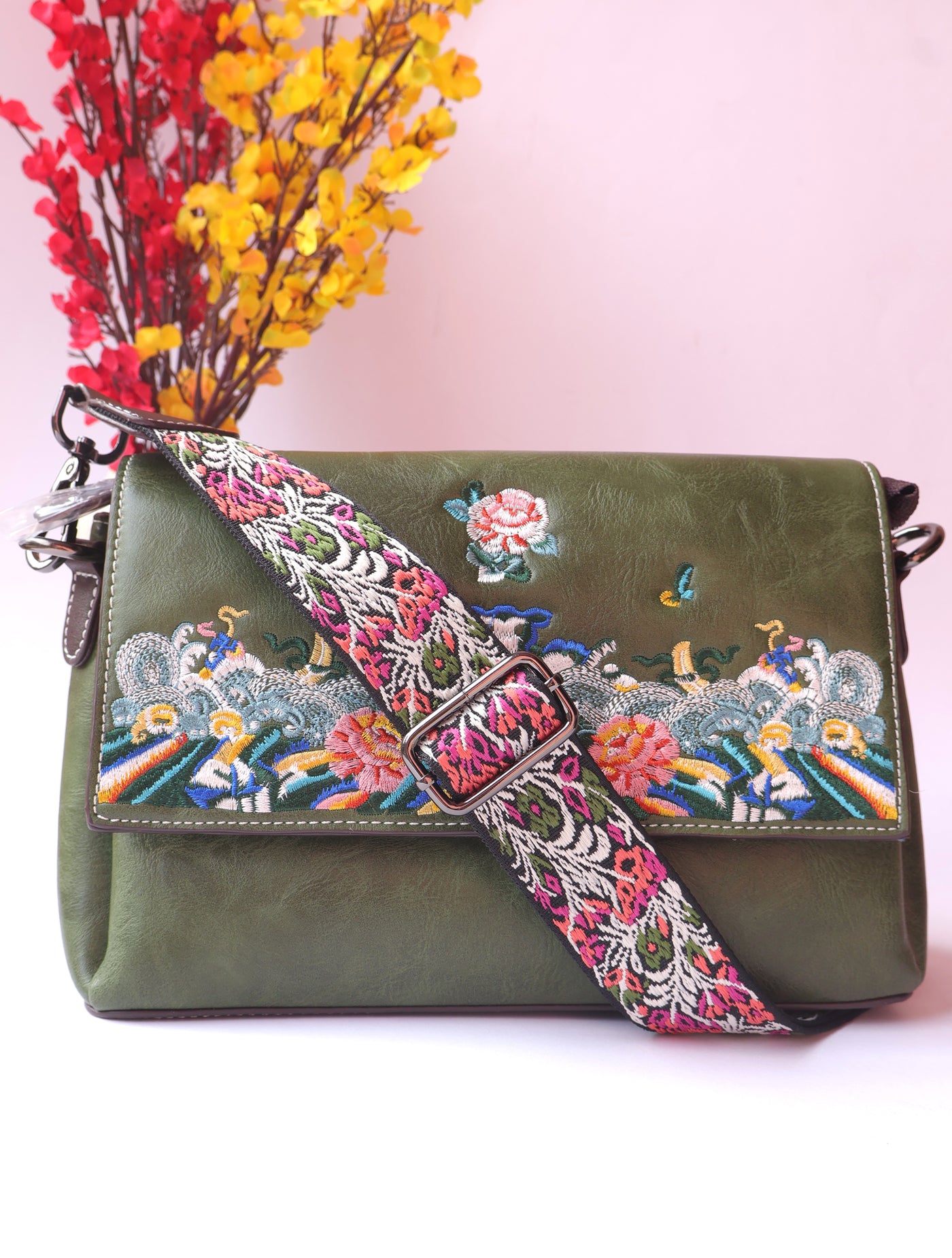 Olive Green Leather Bag with Threadwork Embroidery