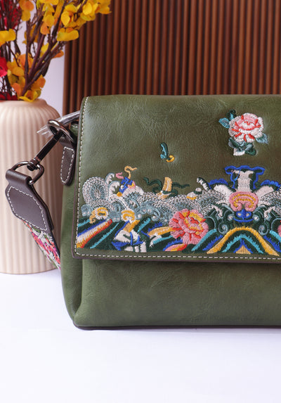Olive Green Leather Bag with Threadwork Embroidery