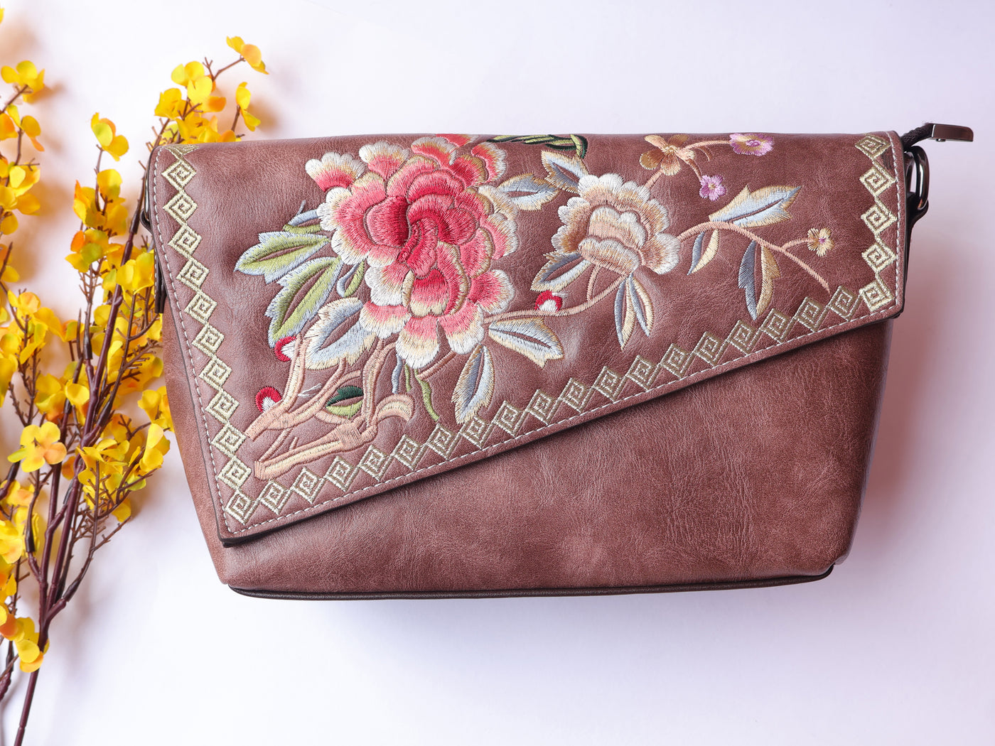 Nude Brown Leather Bag with Threadwork Embroidery