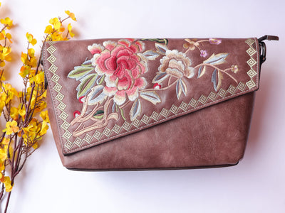 Nude Brown Leather Bag with Threadwork Embroidery