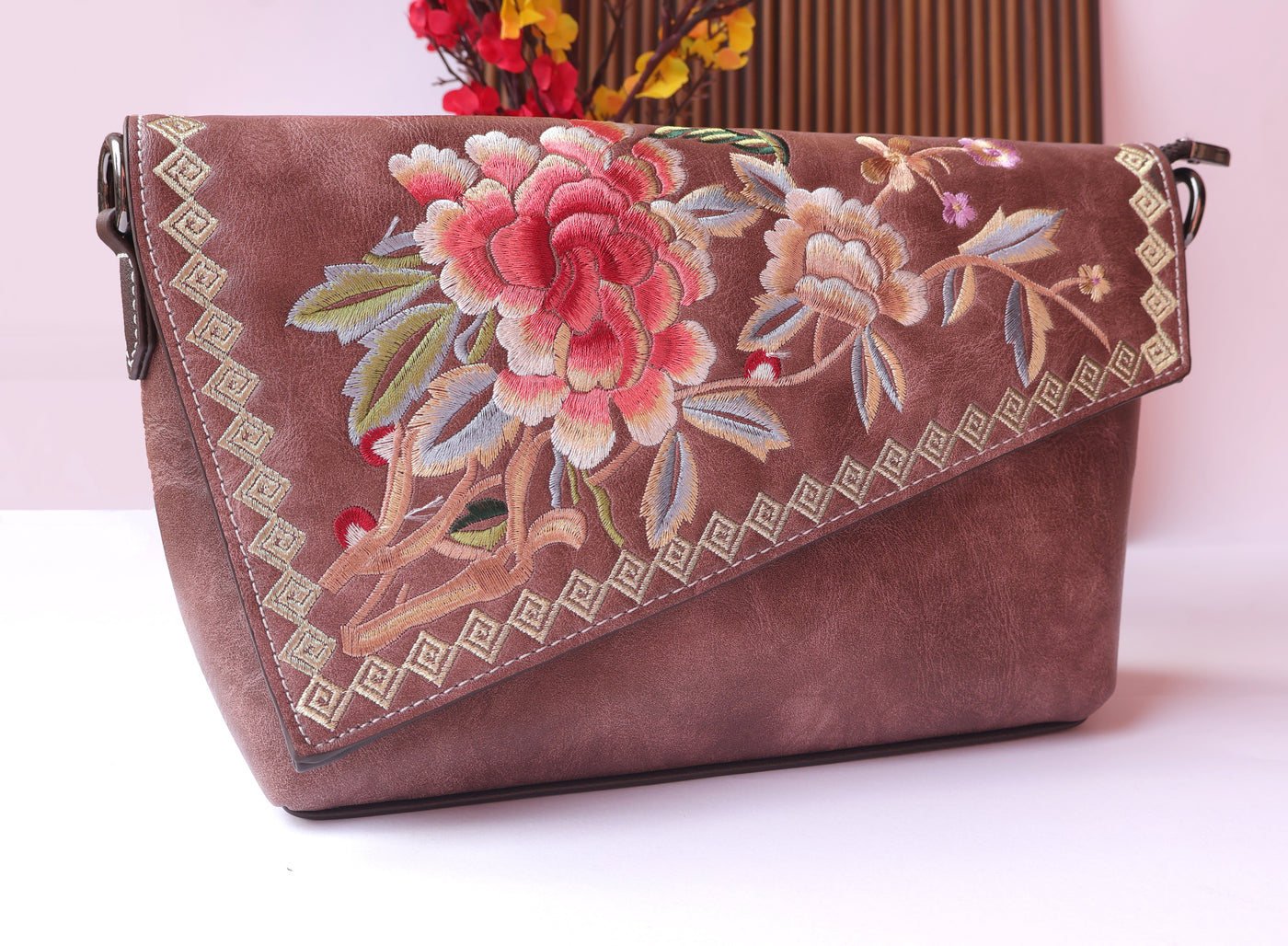 Nude Brown Leather Bag with Threadwork Embroidery
