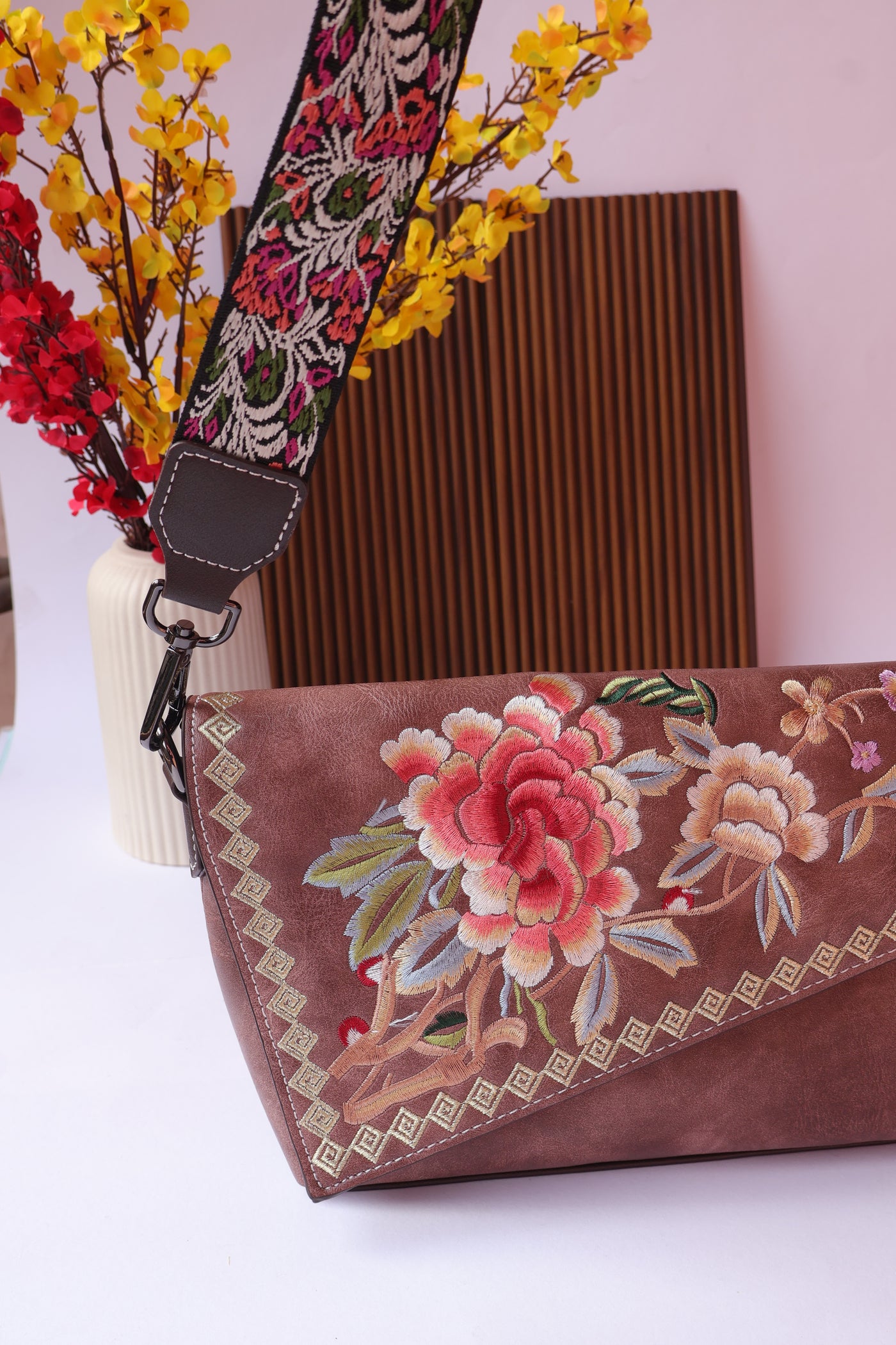 Nude Brown Leather Bag with Threadwork Embroidery