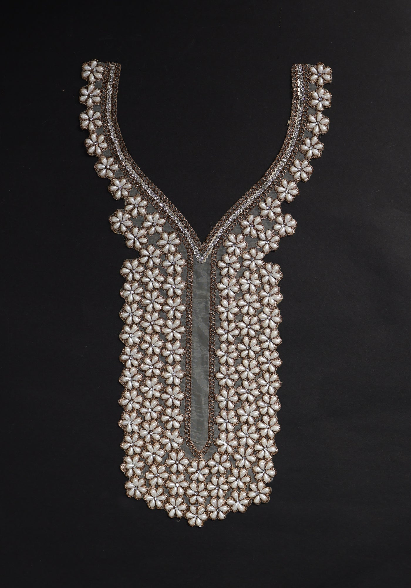 White Pearl Embellished Neckline Zari Sew On Patch