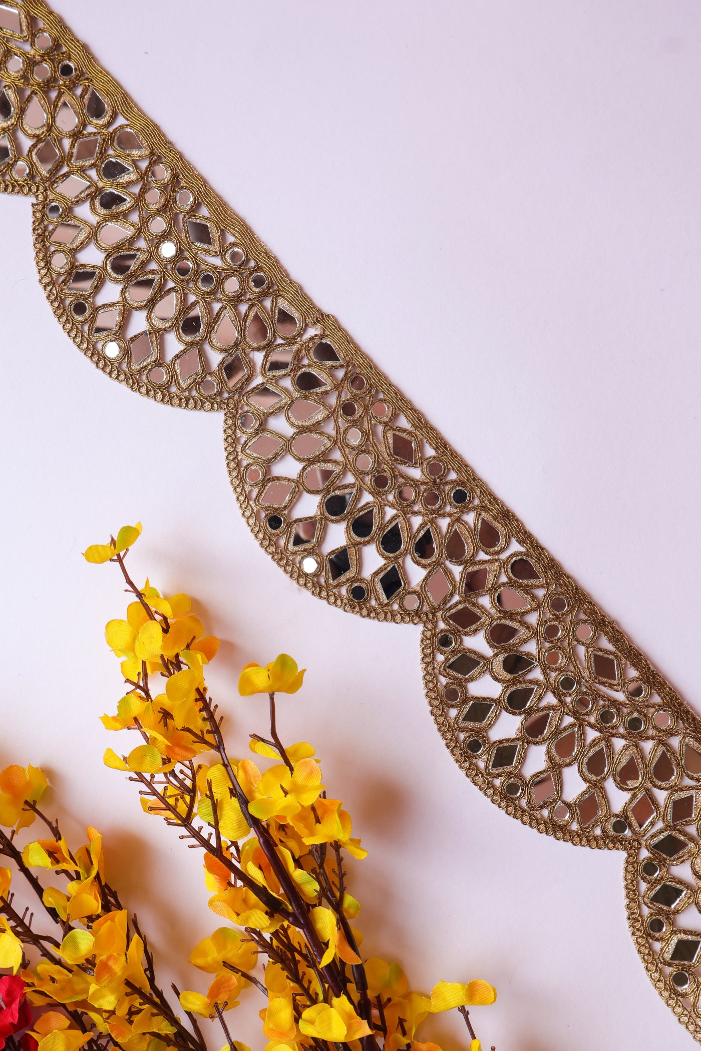 Golden Mirrorwork Scalloped Trim Lace, Indian Cutwork Lace - 1 Yard