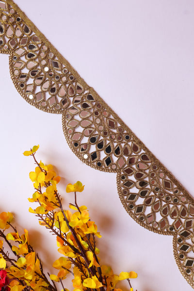 Golden Mirrorwork Scalloped Trim Lace, Indian Cutwork Lace - 1 Yard