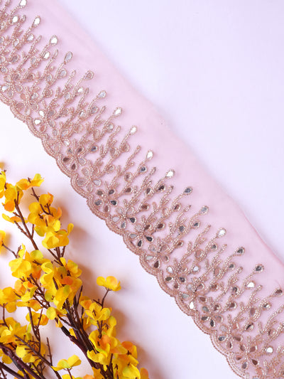 Encaje festoneado de 9 cm con ribete de espejo y cutdana en color rosa bebé exótico, 1 yarda