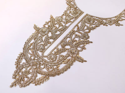 White Gold Embroidered Neckline Sew on Patch with Sleeves