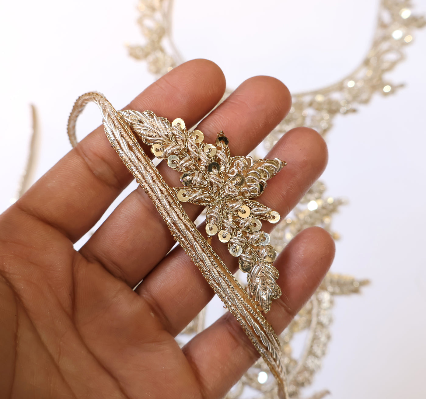 White Gold Embroidered Neckline Sew on Patch with Sleeves