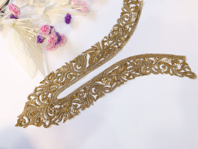 Unisex Embroidered Antique Gold Neckline Sew on Patch with Sleeves