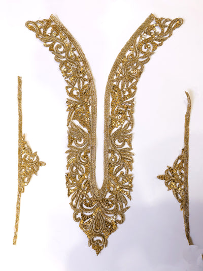 Unisex Embroidered Antique Gold Neckline Sew on Patch with Sleeves