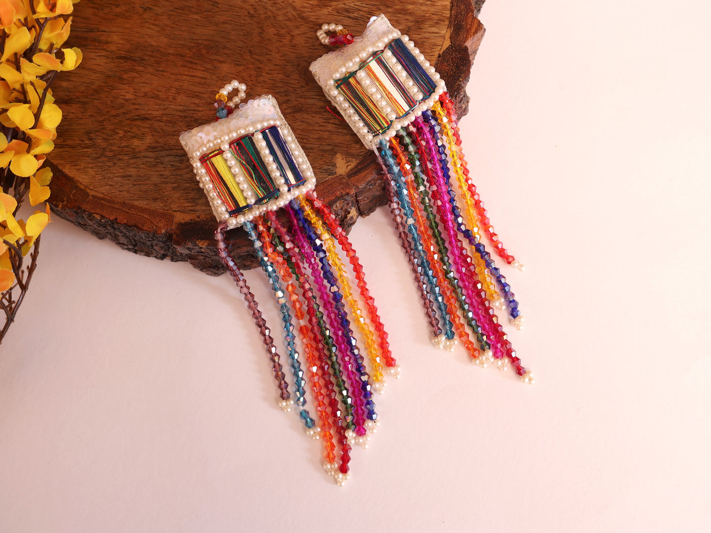 Rainbow Crystals & Mirror Threadwork Beaded Hanging Latkan - 1 Pair