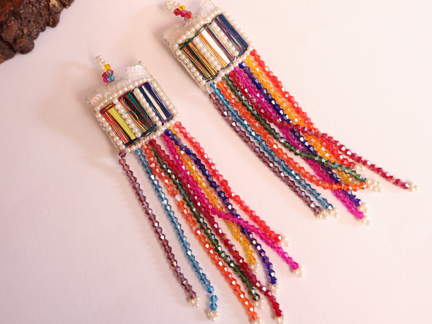 Rainbow Crystals & Mirror Threadwork Beaded Hanging Latkan - 1 Pair