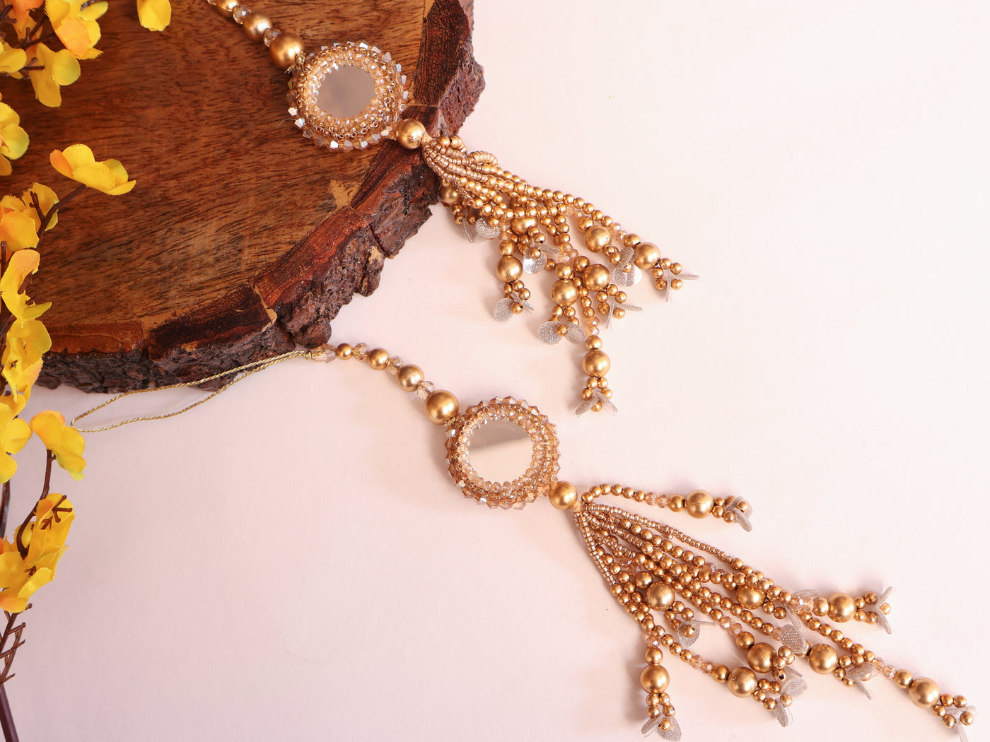 Floral Shaped Gold Mirror & Crystal Beaded Hanging Latkan - 1 Pair