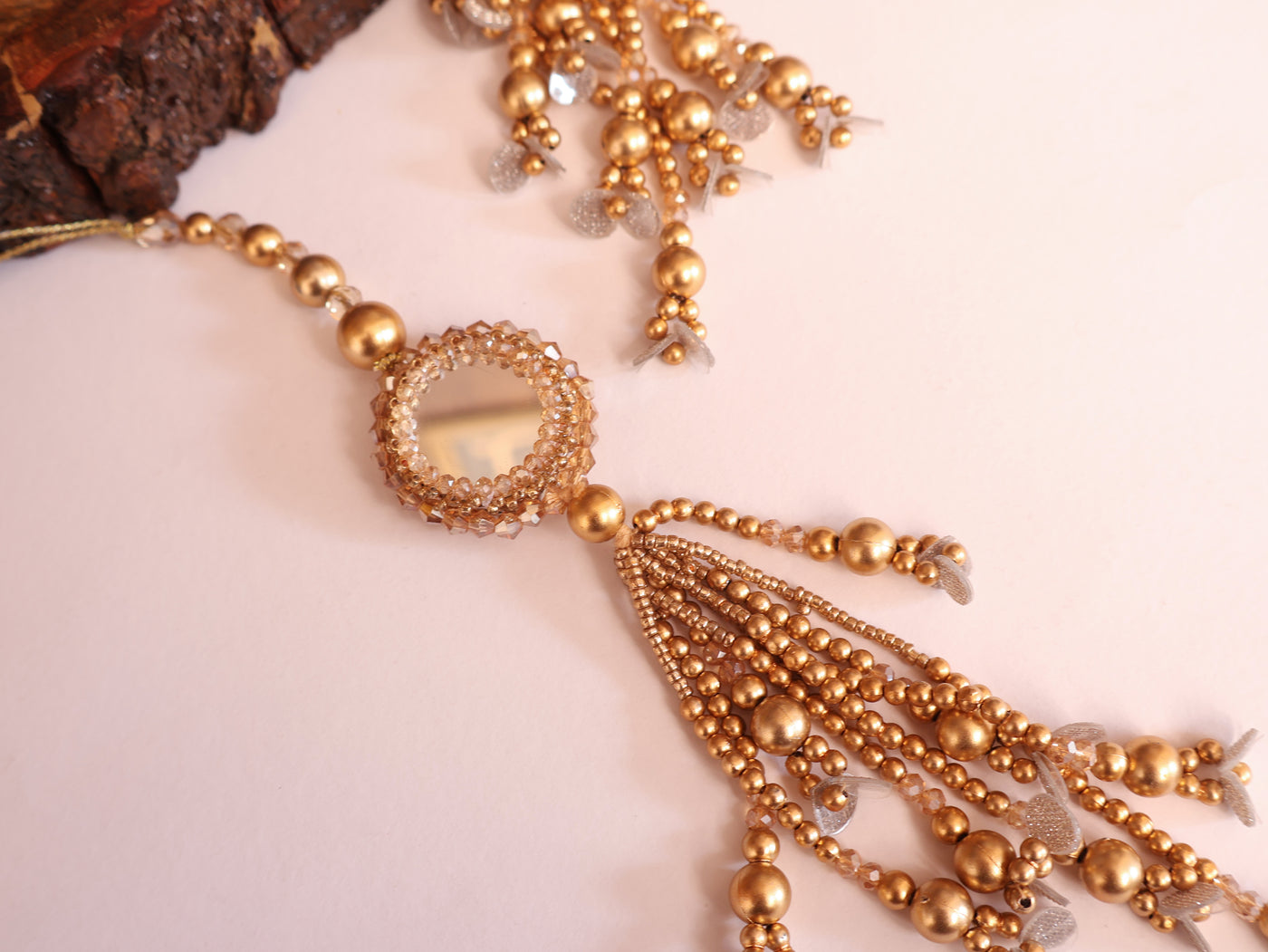 Floral Shaped Gold Mirror & Crystal Beaded Hanging Latkan - 1 Pair