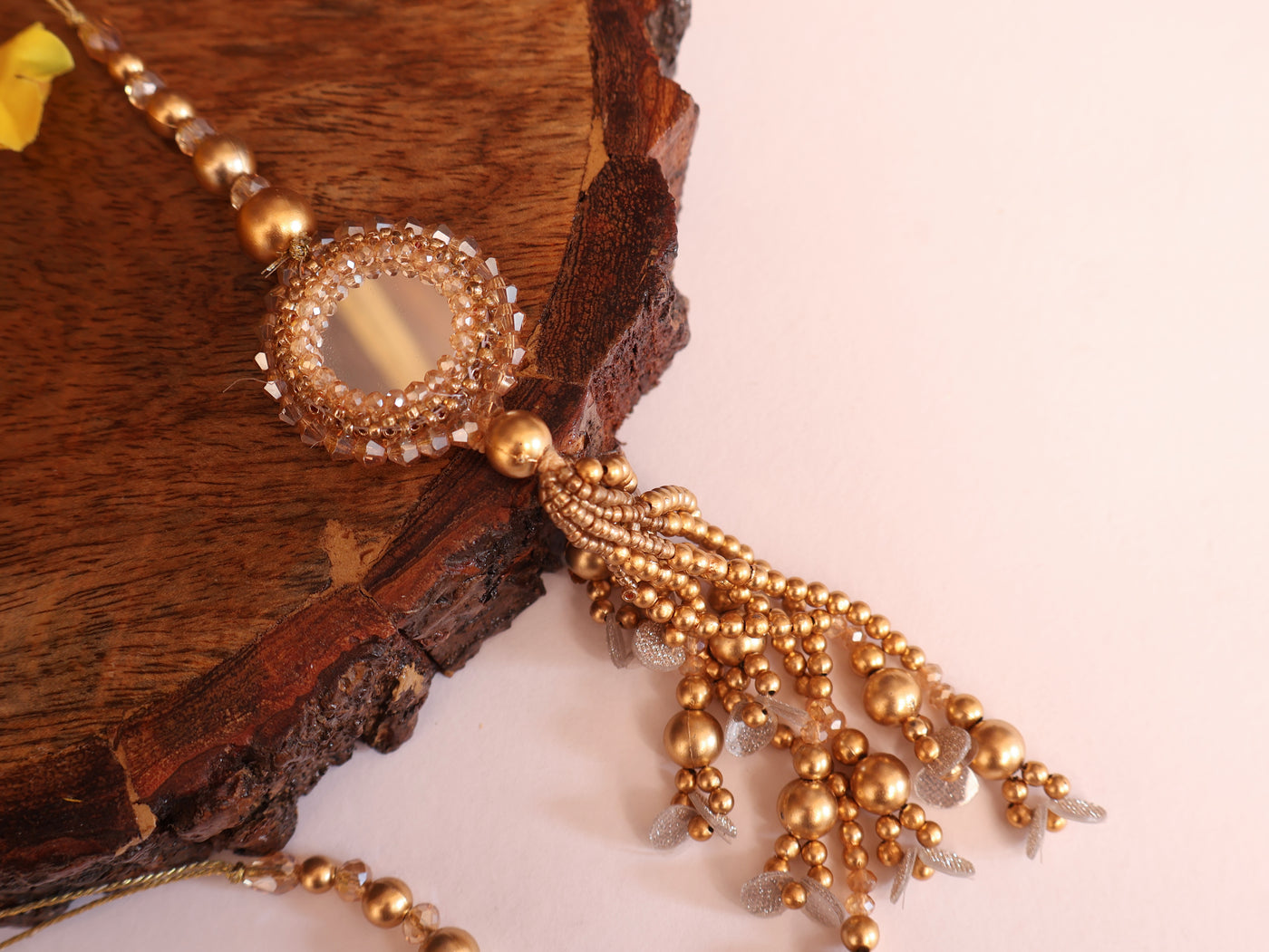 Floral Shaped Gold Mirror & Crystal Beaded Hanging Latkan - 1 Pair