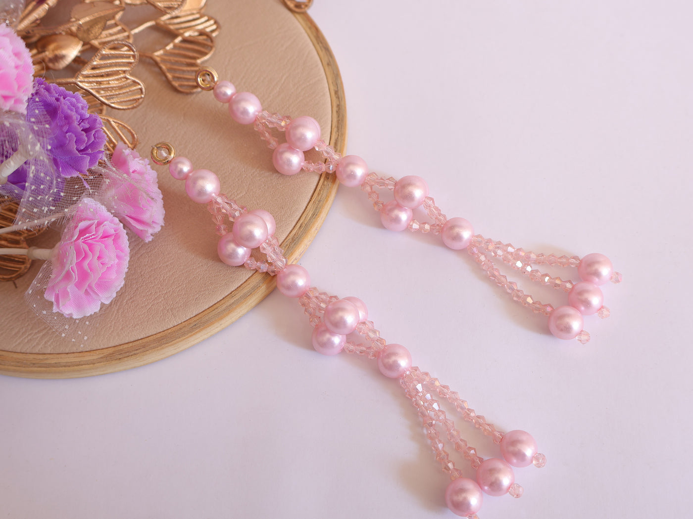 Baby Pink Tassel Hangings with Crystal & Pearl, Bead Cutdana Crystal Latkan - 1 Pair