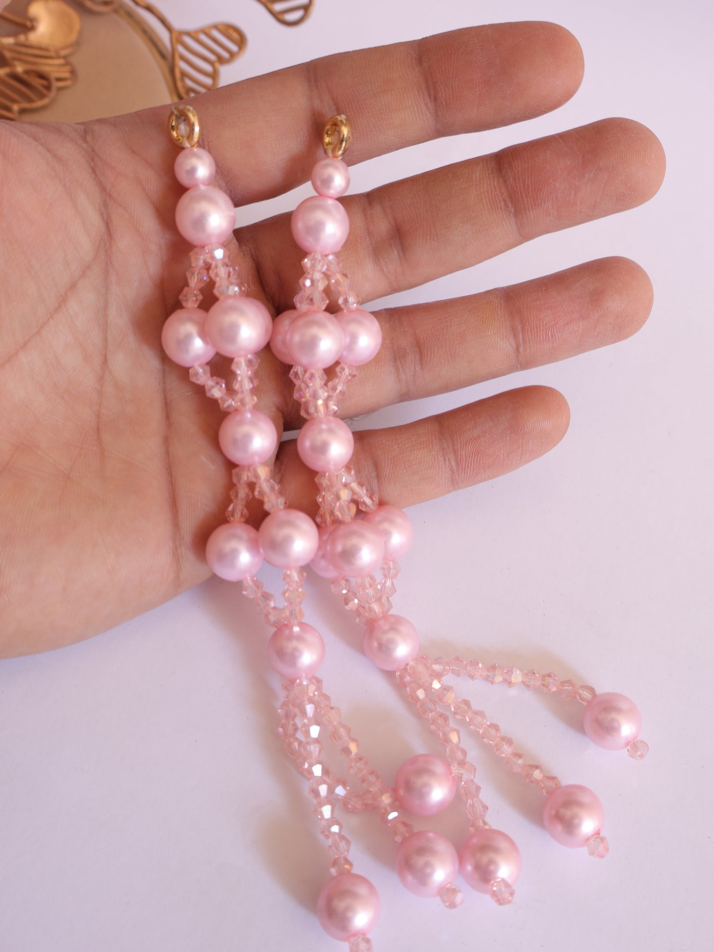 Baby Pink Tassel Hangings with Crystal & Pearl, Bead Cutdana Crystal Latkan - 1 Pair
