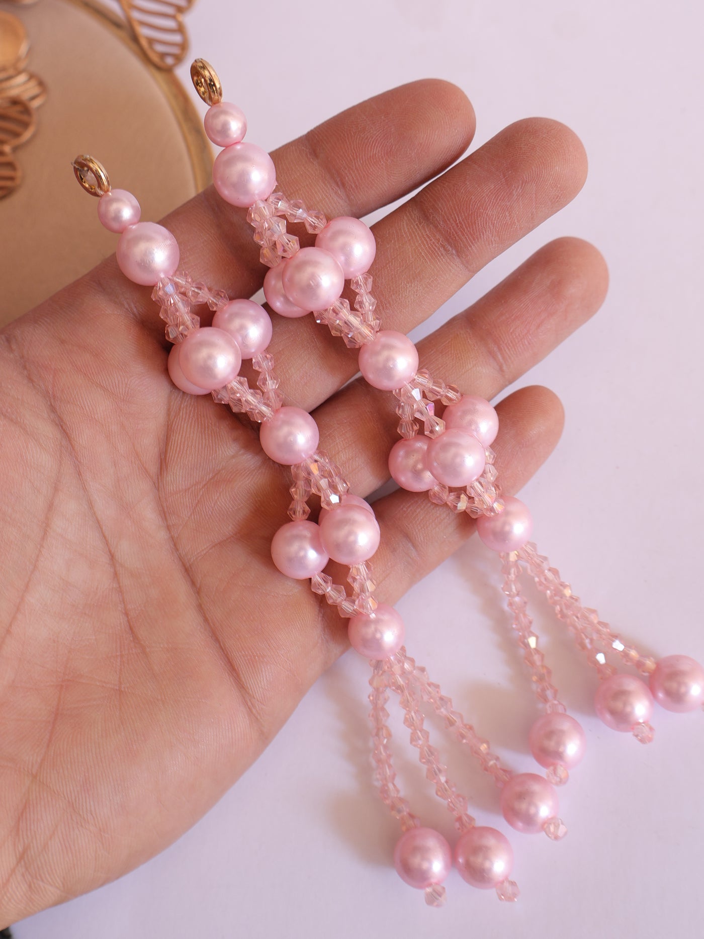 Baby Pink Tassel Hangings with Crystal & Pearl, Bead Cutdana Crystal Latkan - 1 Pair