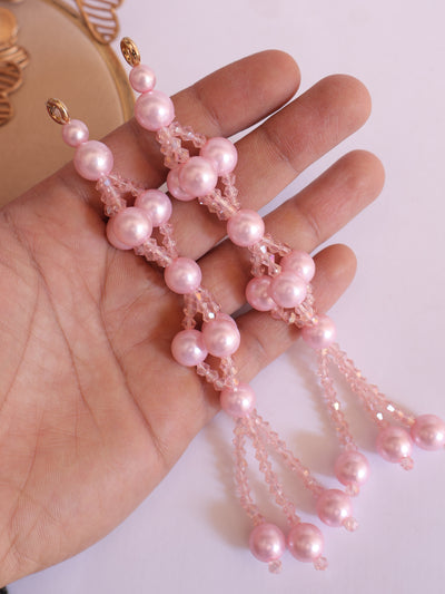 Baby Pink Tassel Hangings with Crystal & Pearl, Bead Cutdana Crystal Latkan - 1 Pair