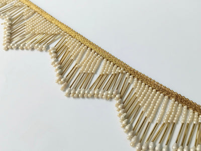2 Yards - Faux Pearl & Glass Beads Gold Rain Drop Trim