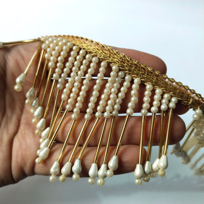 2 Yards - Faux Pearl & Glass Beads Gold Rain Drop Trim
