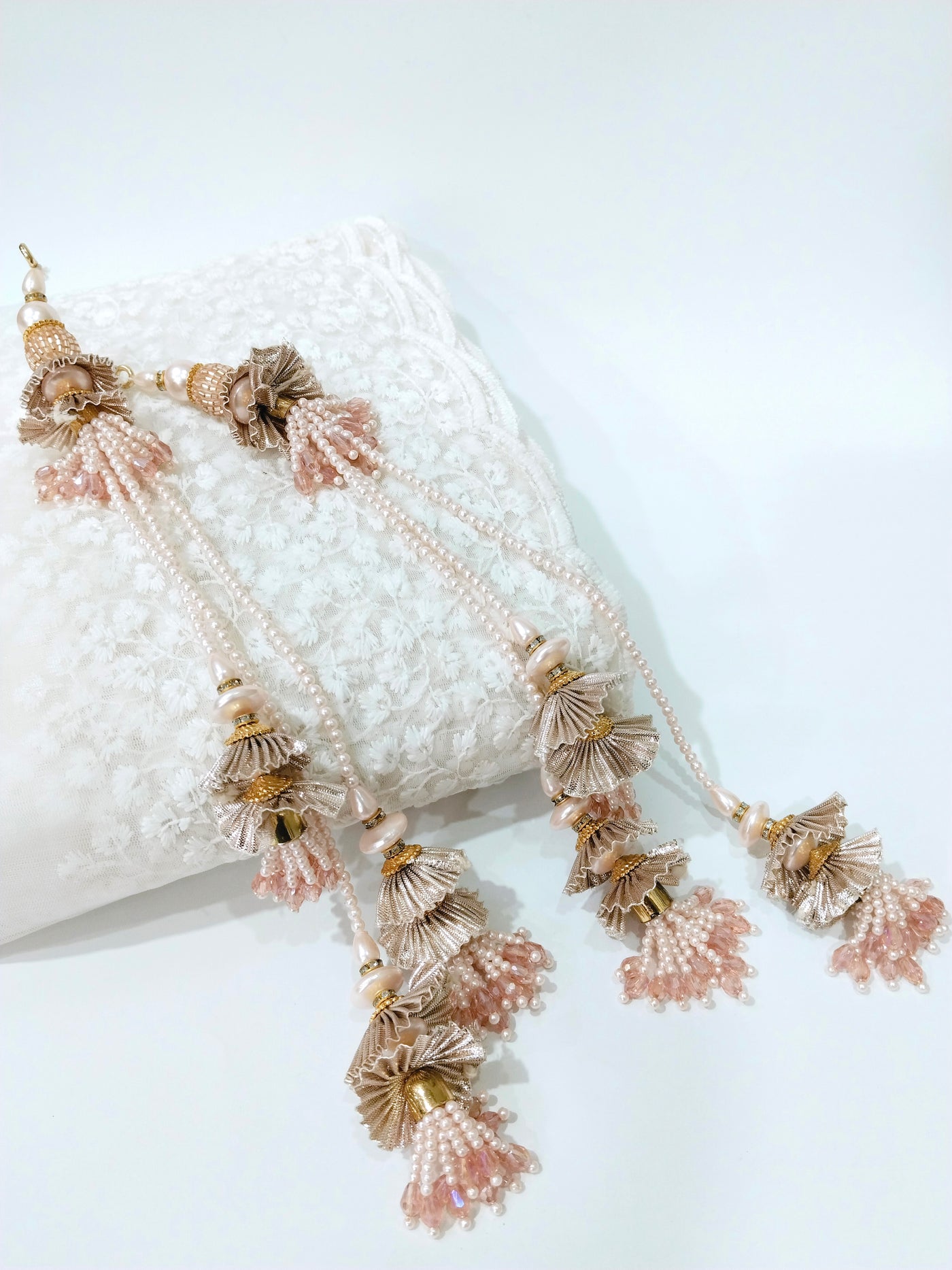 Rose Gold Pearl & Crystal Cutdana Multi String Latkan - 1 Pair