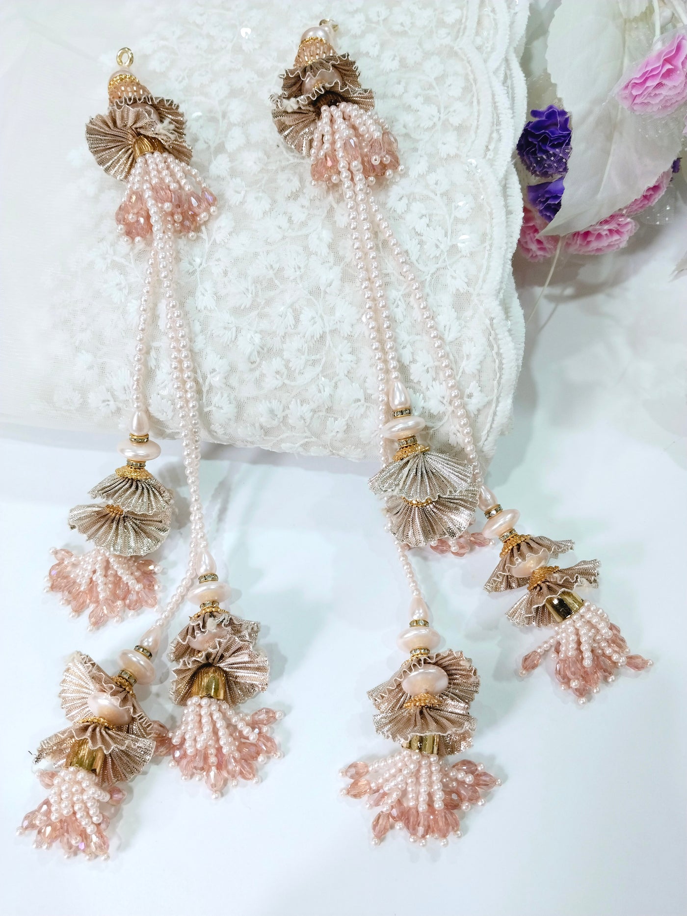Rose Gold Pearl & Crystal Cutdana Multi String Latkan - 1 Pair