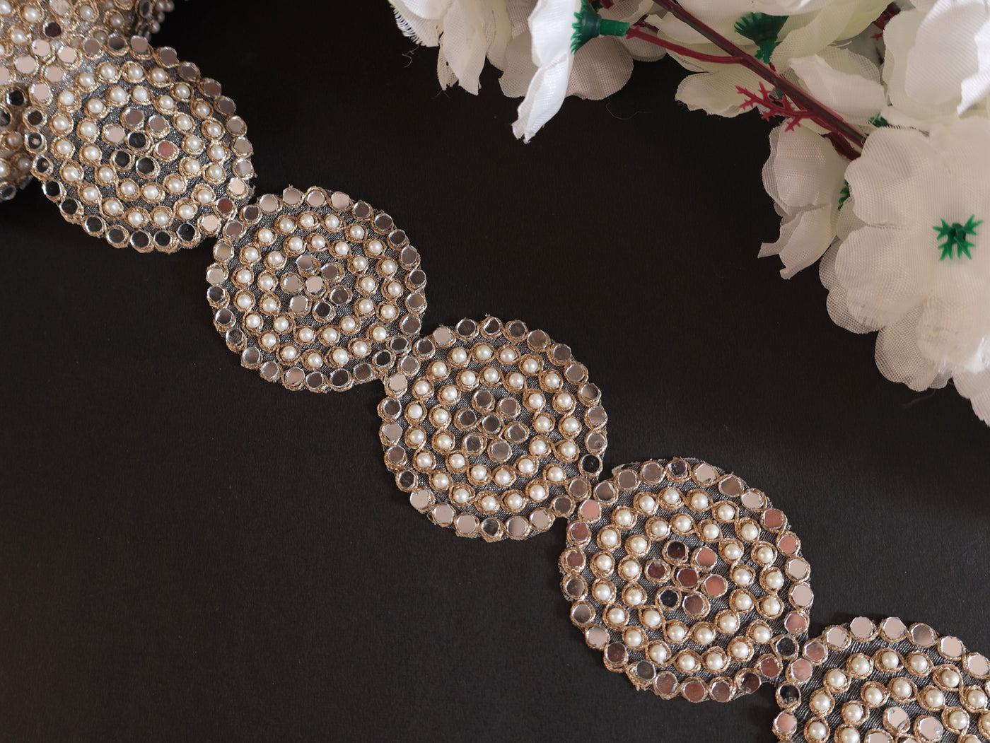 Pearl & Mirror Round Gold Zari Lace Trim 6.5 cm Wide - 1 Yard