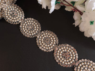 Pearl & Mirror Round Gold Zari Lace Trim 6.5 cm Wide - 1 Yard