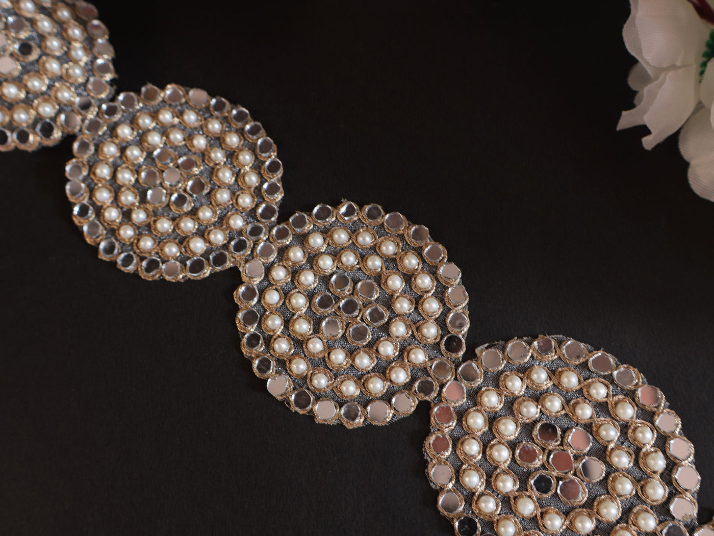 Pearl & Mirror Round Gold Zari Lace Trim 6.5 cm Wide - 1 Yard