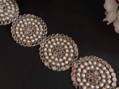 Pearl & Mirror Round Gold Zari Lace Trim 6.5 cm Wide - 1 Yard