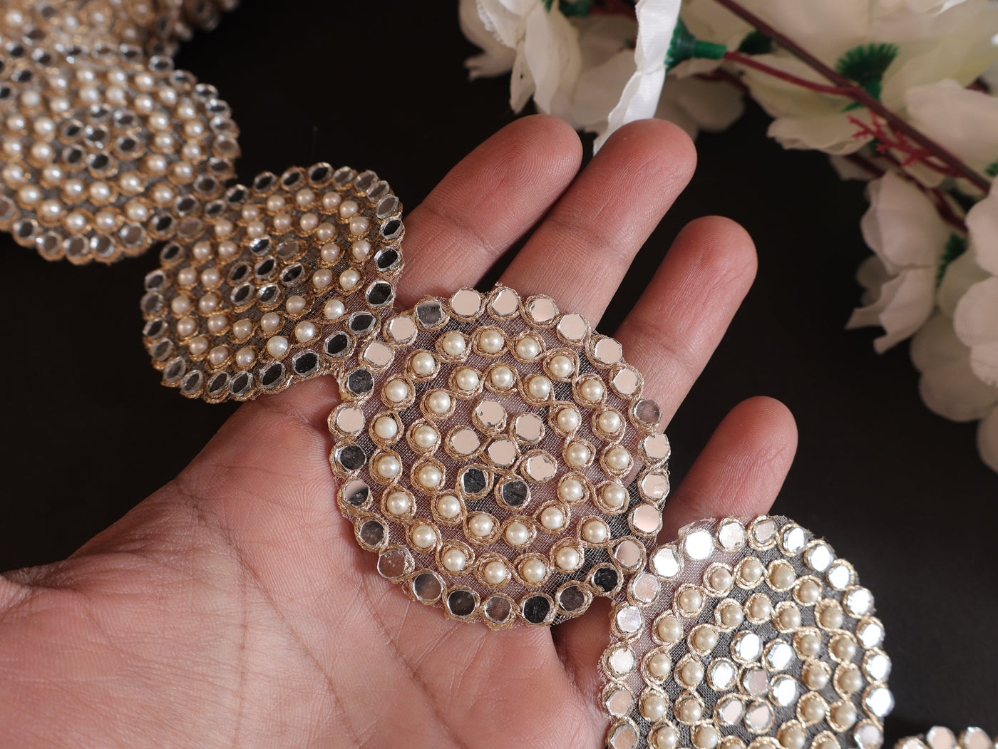 Pearl & Mirror Round Gold Zari Lace Trim 6.5 cm Wide - 1 Yard