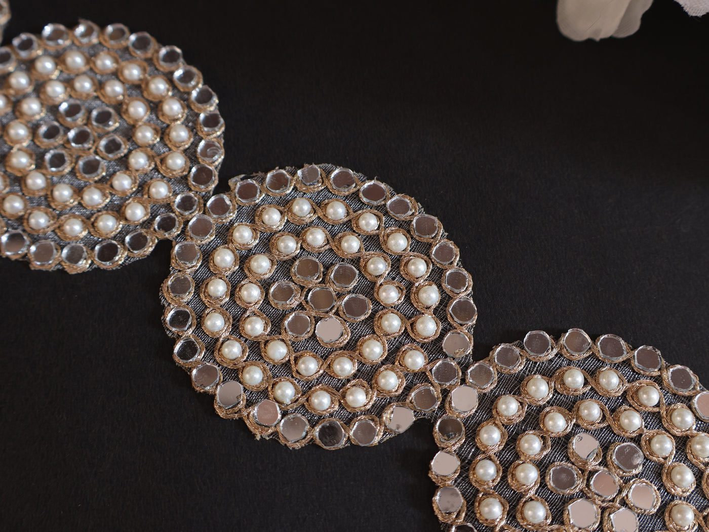 Pearl & Mirror Round Gold Zari Lace Trim 6.5 cm Wide - 1 Yard