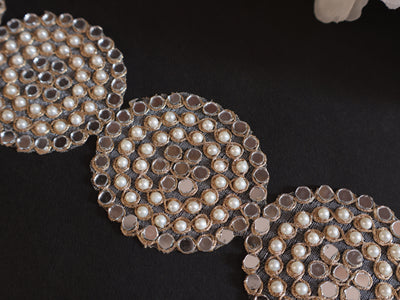 Pearl & Mirror Round Gold Zari Lace Trim 6.5 cm Wide - 1 Yard