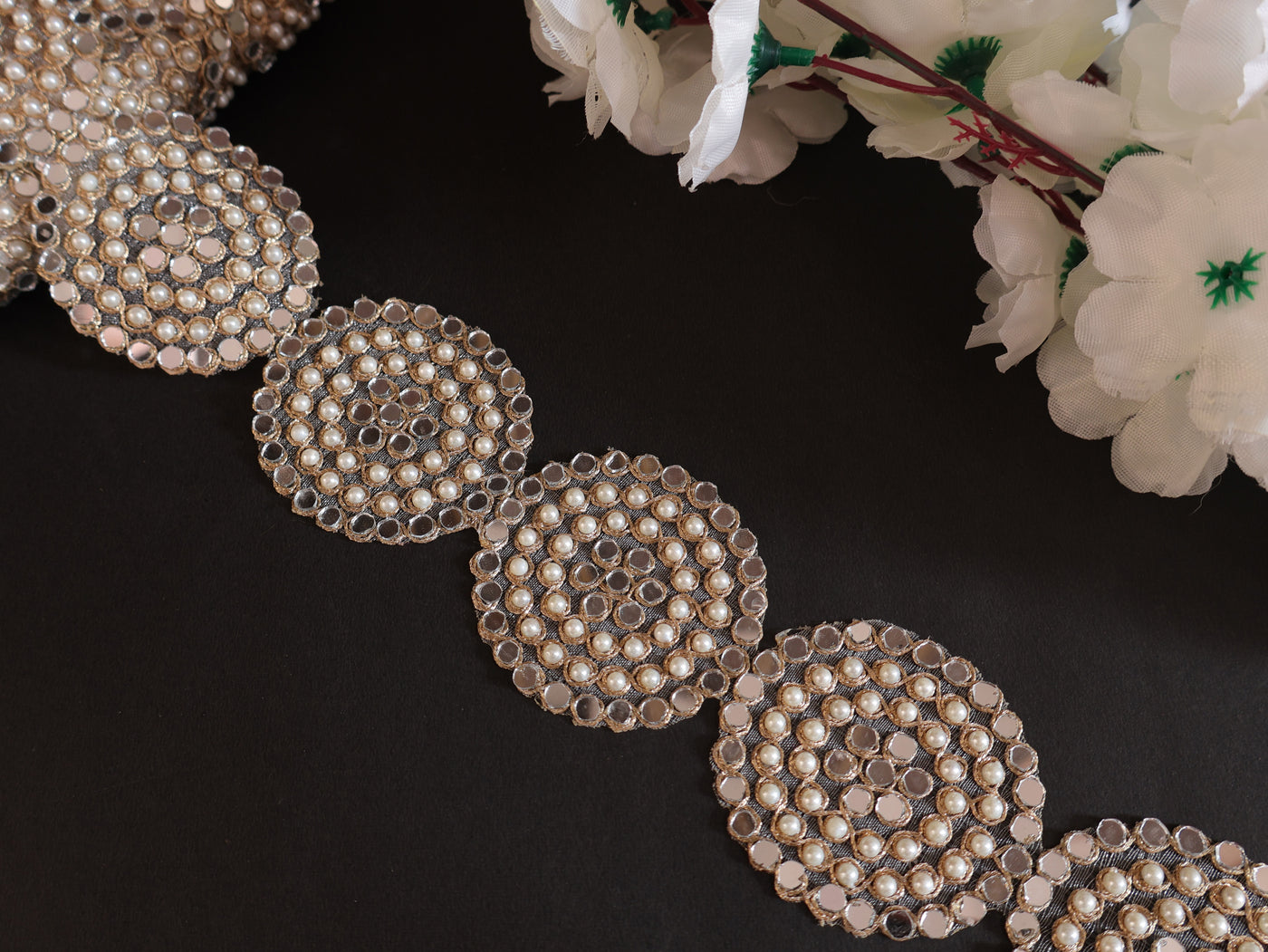 Pearl & Mirror Round Gold Zari Lace Trim 6.5 cm Wide - 1 Yard