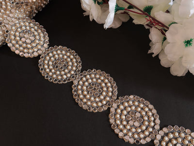 Pearl & Mirror Round Gold Zari Lace Trim 6.5 cm Wide - 1 Yard