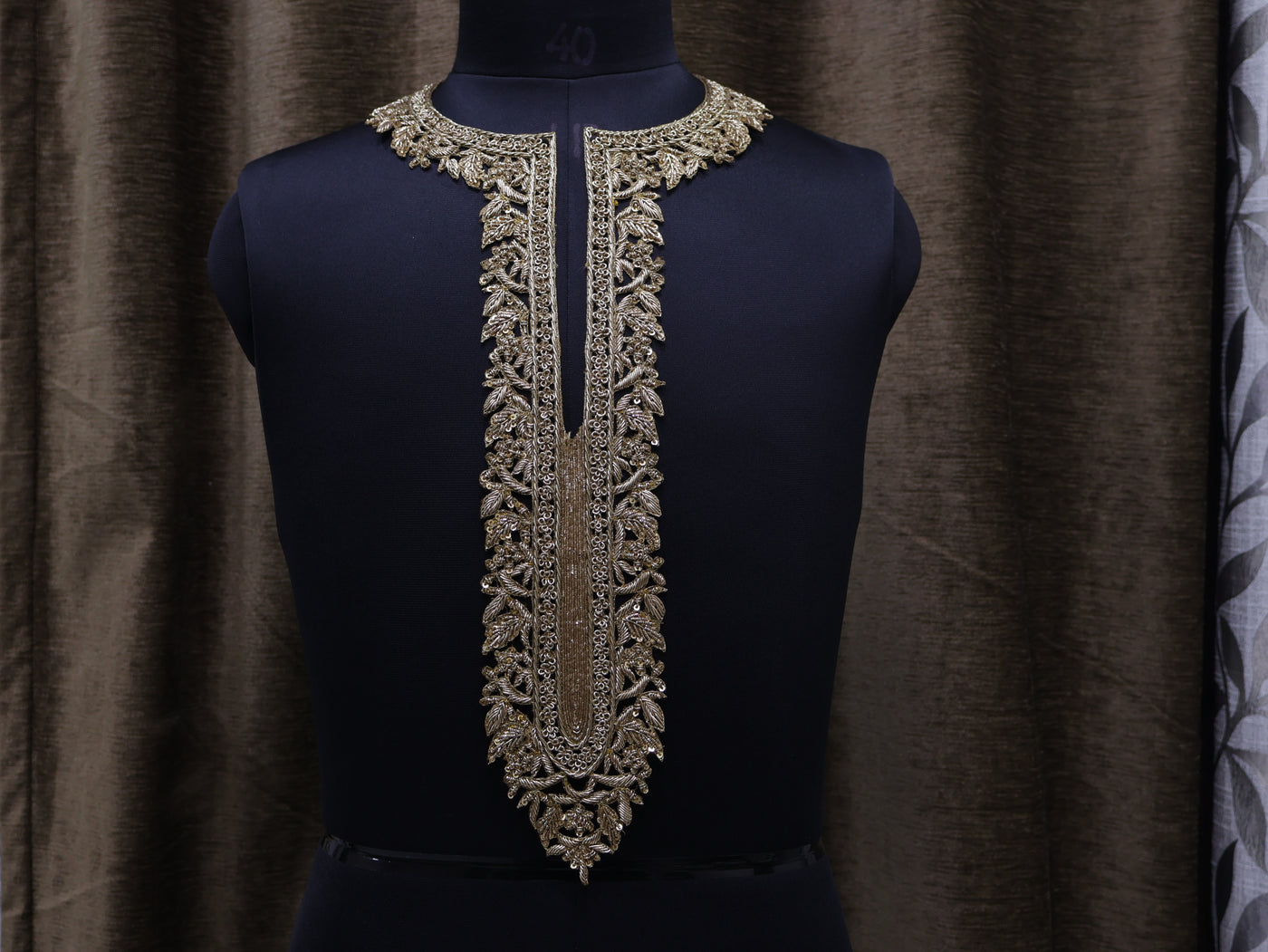 Long Zardozi Embroidery Unisex Neckline Sew on Patch with Sleeves