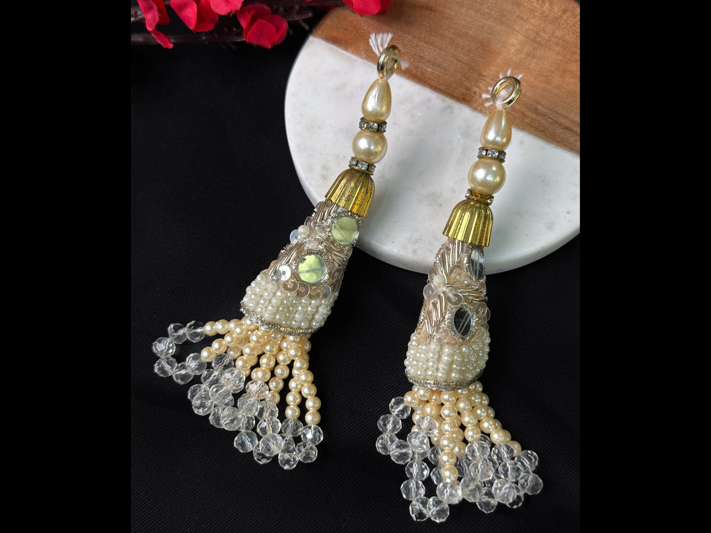 1 Pair Creme Pearl Tassels, Embroidered Hanging Latkan with Crystal