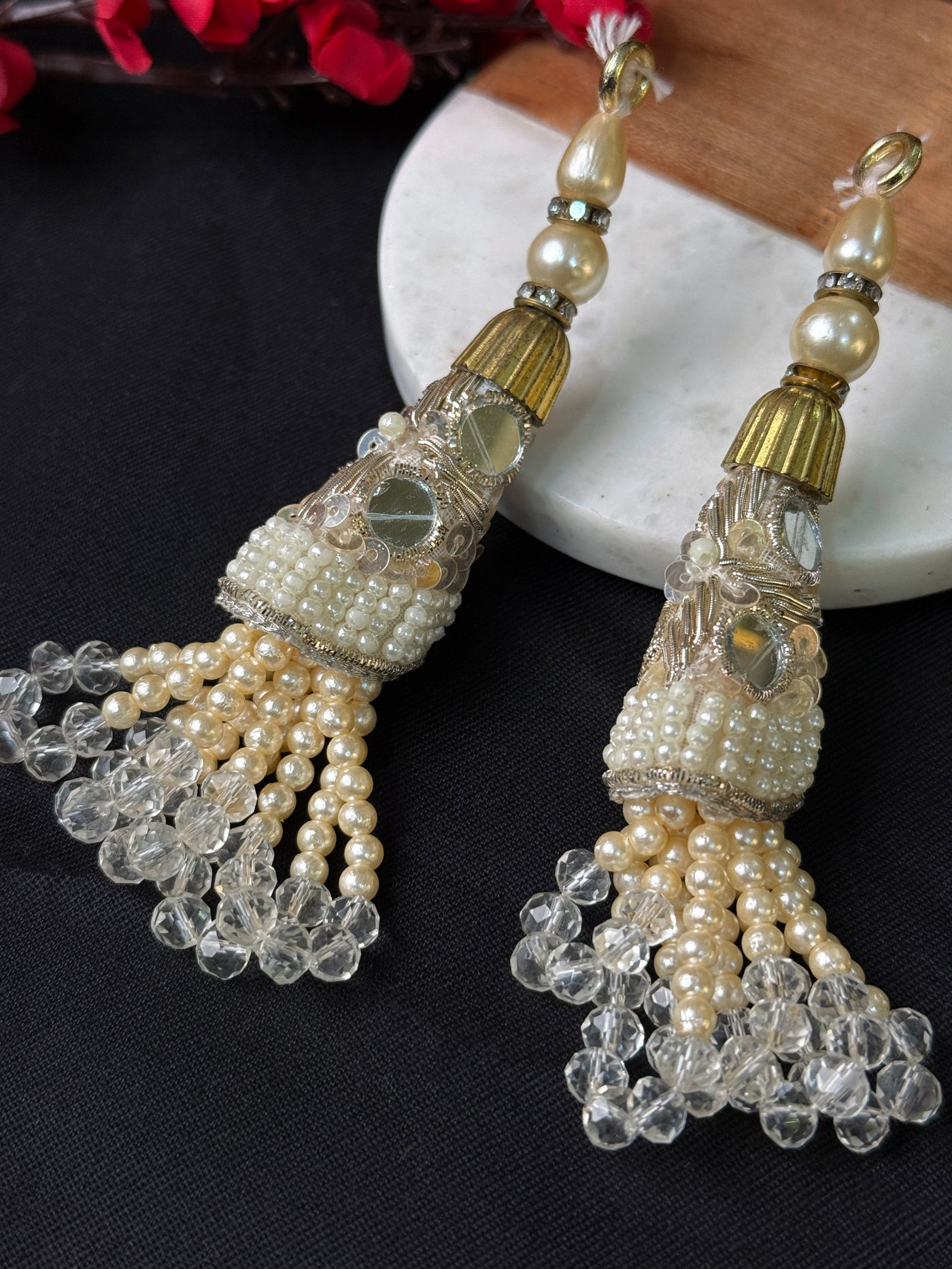 1 Pair Creme Pearl Tassels, Embroidered Hanging Latkan with Crystal