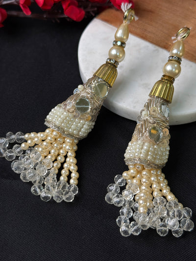 1 Pair Creme Pearl Tassels, Embroidered Hanging Latkan with Crystal