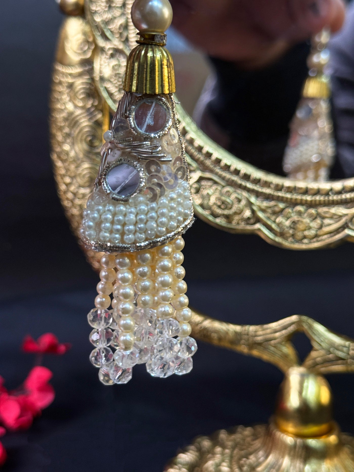 1 Pair Creme Pearl Tassels, Embroidered Hanging Latkan with Crystal