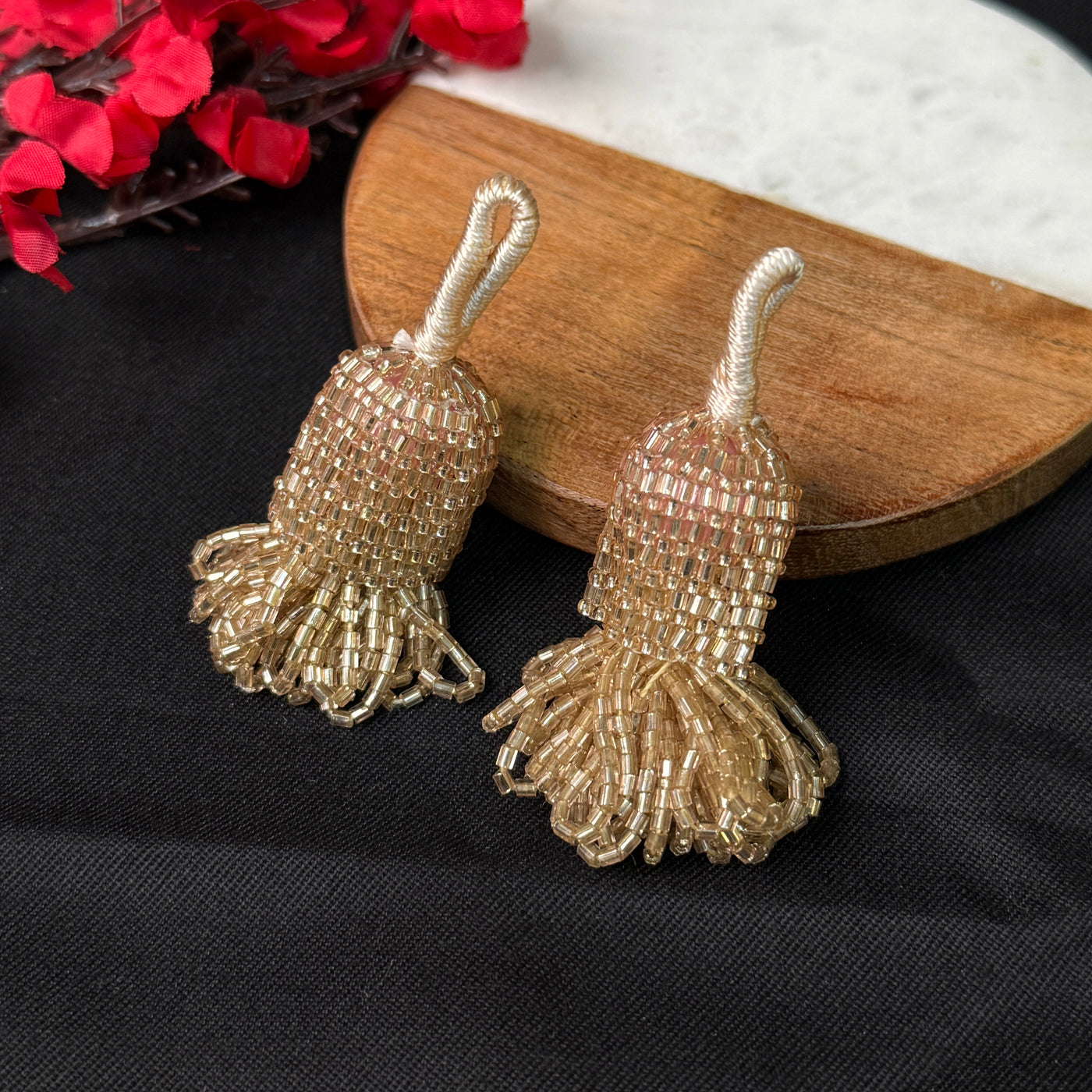 Rose Gold/ White Glass Beads Small Cutdana Tassel Latkan