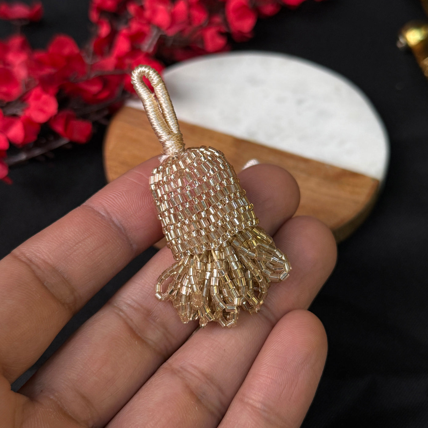 Rose Gold/ White Glass Beads Small Cutdana Tassel Latkan
