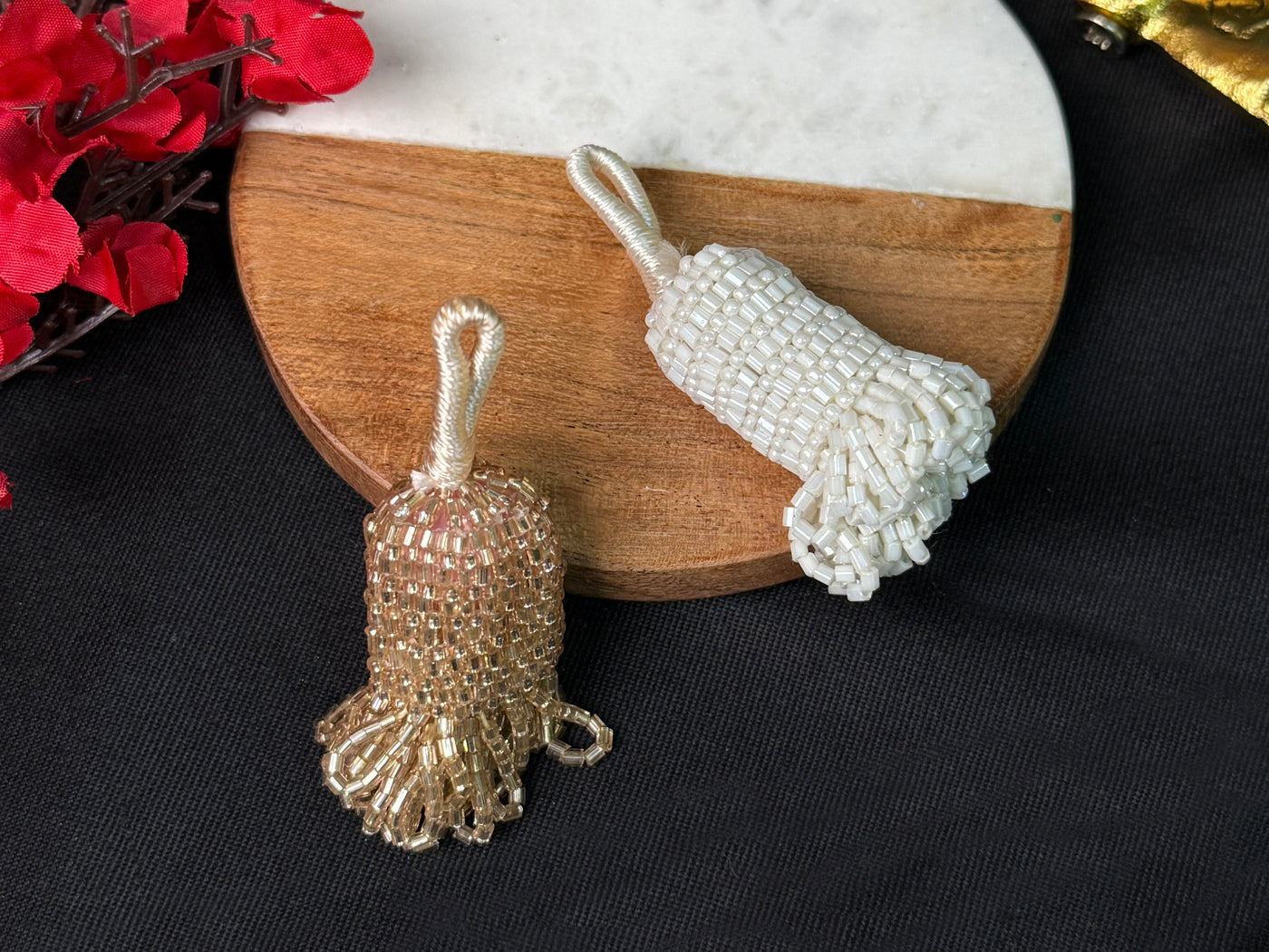 Rose Gold/ White Glass Beads Small Cutdana Tassel Latkan