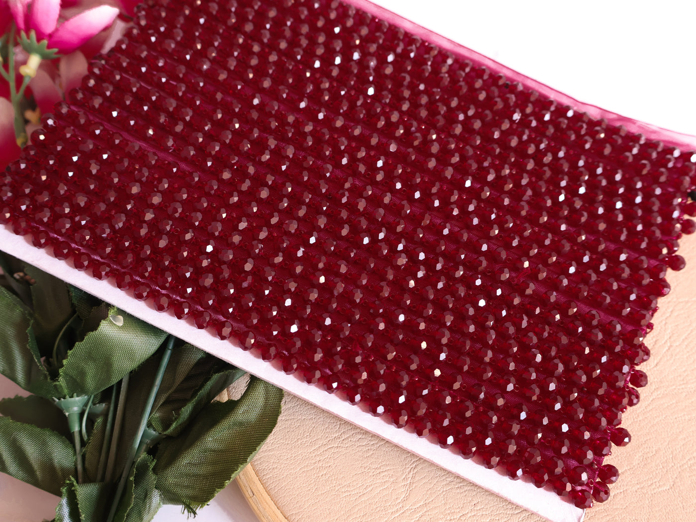 4 Yards - Dark Maroon Single Line Glass Crystal Narrow Trim1.5cm Wide