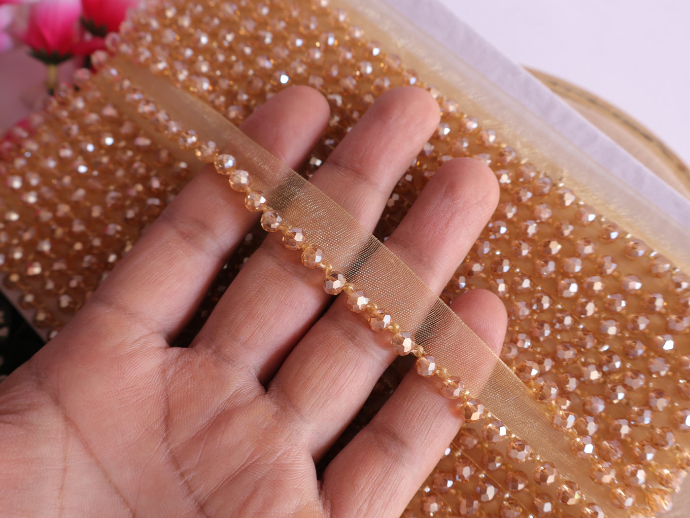 4.5 Yards - Golden Single Line Glass Crystal Narrow Trim1.5cm Wide